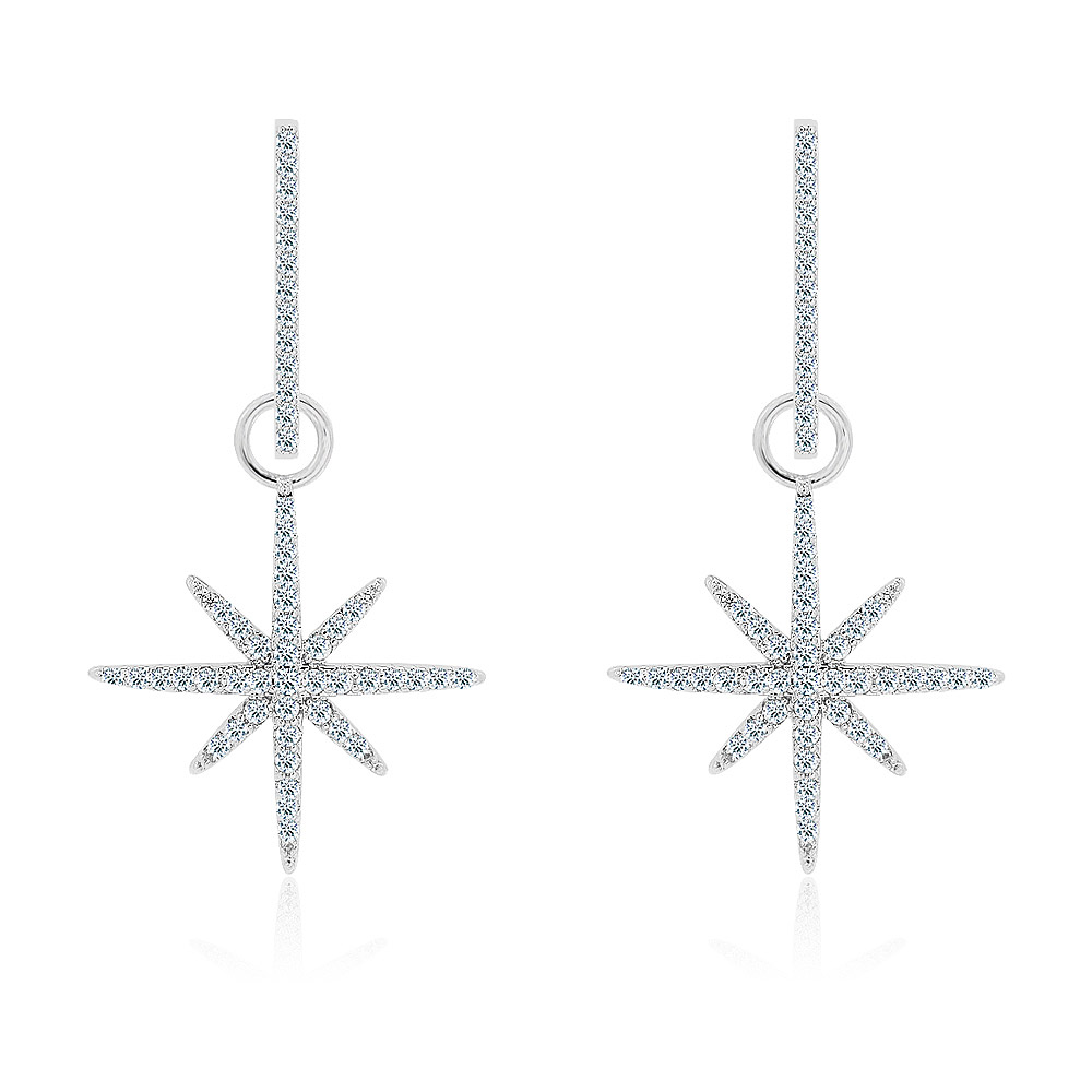 Silver Pave Diamond Starburst Dangle Earring